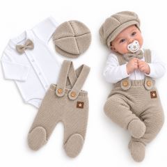 Pletená súprava Gentleman 3D, body, polodupačky s laclom, čiapočka, béžová, 56