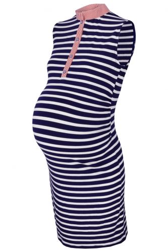 Be MaaMaa Těhotenské,kojící proužkované šaty se stojáčkem - ecru/granát