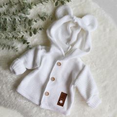 Dětský elegantní pletený svetřík s knoflíčky a kapucí s oušky Baby Nellys, bíly (3)