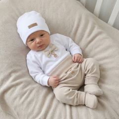 Bavlnená sada, body, nohavice, motýlik a čiapka Elegant Boy 5D, béžová/biela (1)