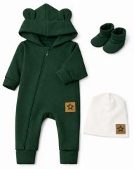 Rastúci oteplený overal s čiapkou a topánočkami, 3D - tm. zelený