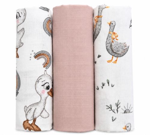 Mušelínové plienky 3ks DELUX - Kačička 60 x 80 cm, biela, púdrovo ružová