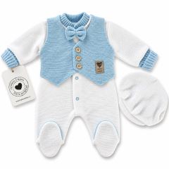 Pletený overal Oliver s vestičkou a čiapočkou Baby Nellys, biela, modrá (1)