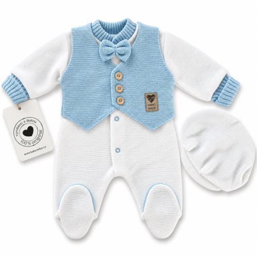 Pletený overal Oliver s vestičkou a čiapočkou Baby Nellys, biela, modrá (1)