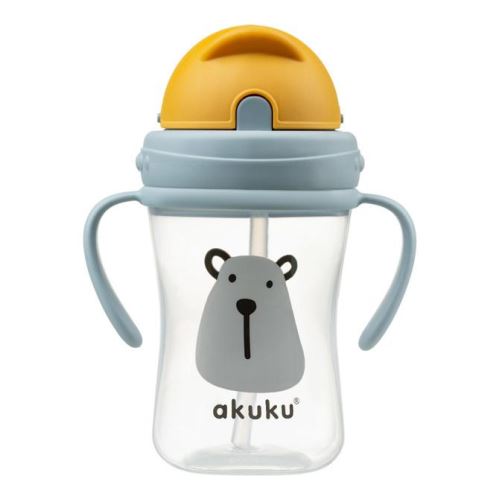 Fľaštička/hrnček s úchytmi a slamkou Medveď Akuku 300 ml, sivá/žltá