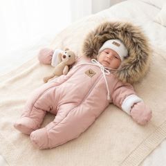 Z&Z Zimní kombinéza s dvojitým zipem, kapucí a kožešinou + rukavičky, Angel - pudrový (5)