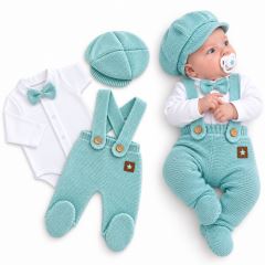 Pletená súprava Gentleman 3D, body, polodupačky s laclom, čiapočka, mätaová
