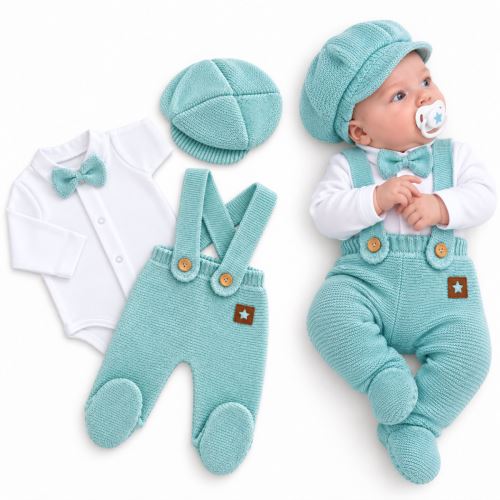 Pletená súprava Gentleman 3D, body, polodupačky s laclom, čiapočka, mätaová (2)