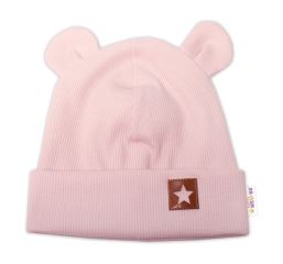 Baby Nellys Žebrovaná dvouvrstvá čepice s oušky TEDDY - pudrová (1)