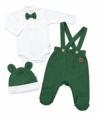 Bavlnená súprava Gentleman 3D, body, polodupačky s laclom, čiapočka, tm. zelená