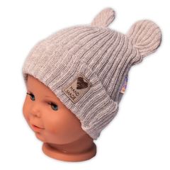 Pletená bavlněná čepice s oušky, dvouvrstvá, Hand Made Baby Nellys, béžová (1)