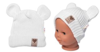 Pletená bavlněná čepice s oušky, dvouvrstvá, Hand Made Baby Nellys, bílá (1)