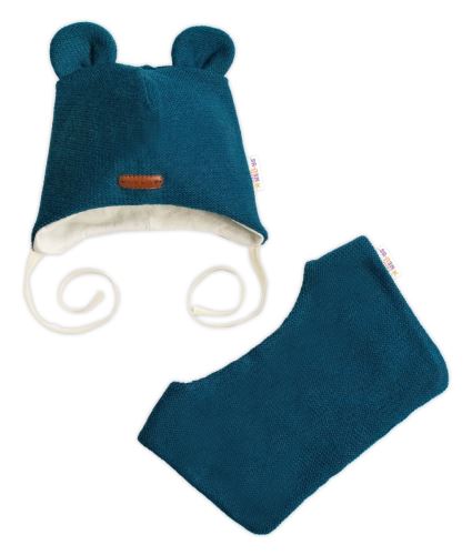 Pletená čepice s bavlněnou podšívkou a šátkem 2v1, Teddy Hand made - petrolejová