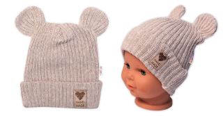 Pletená bavlněná čepice s oušky, dvouvrstvá, Hand Made Baby Nellys, béžová (2)