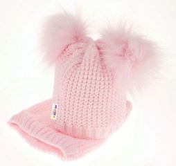 BABY NELLYS Zimná čiapočka s komínom - chlupáčkové bambuľky - sv. ružová (2)