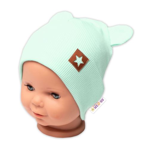 Baby Nellys Žebrovaná dvouvrstvá čepice s oušky TEDDY - mátová (2)