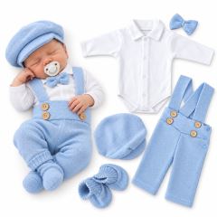 Z&Z 5-dílná pletená sada Boy, body, kalhoty, čepička, motýlek, botičky, modrá (7)