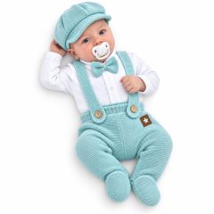 Pletená súprava Gentleman 3D, body, polodupačky s laclom, čiapočka, mätaová (1)