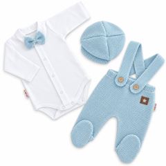 Pletená súprava Gentleman 3D, body, polodupačky s laclom, čiapočka, sv. modrá