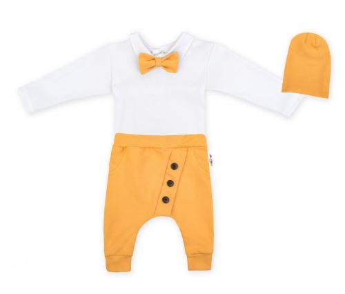 Baby Nellys 3-dílná sada Hubert, body s motýlkem  dl.rukáv, tepláčky a čepička - hořčicová