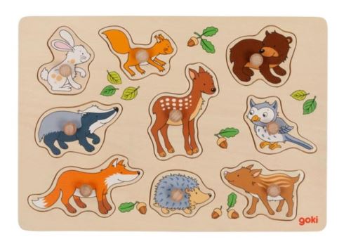 Goki Edukačná drevená vkladačka/puzzle s úchytmi Lesné zvieratká
