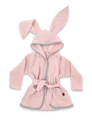 Detský mušelínový župan s uškami Bunny - pudrovo ružová