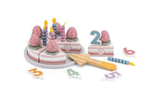 Drevená narodeninová torta Viga – jahodová – krájací set 26 ks