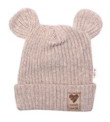 Pletená bavlněná čiapka s uškami, dvojvrstvová, Hand Made Baby Nellys, béžová