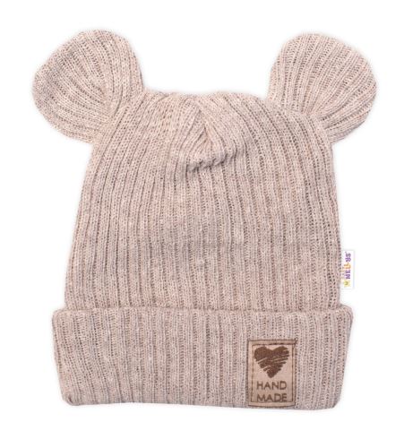 Pletená bavlněná čepice s oušky, dvouvrstvá, Hand Made Baby Nellys, béžová