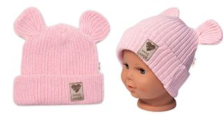 Pletená bavlněná čepice s oušky, dvouvrstvá, Hand Made Baby Nellys, růžová