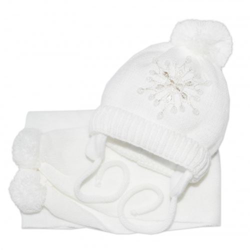 Zimná čiapočka s šálom - Snehová vločka v bielej, 0-6m