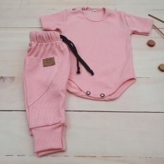 Žebrovaná souprava body kr. rukáv + tepláčky Magic, bavlna, růžová (1)