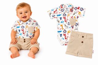 Baby Nellys 2-dílná sada body kr. rukáv, kraťásky, Safari - ecru/béžová (2)