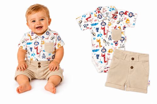 Baby Nellys 2-dílná sada body kr. rukáv, kraťásky, Safari - ecru/béžová (2)