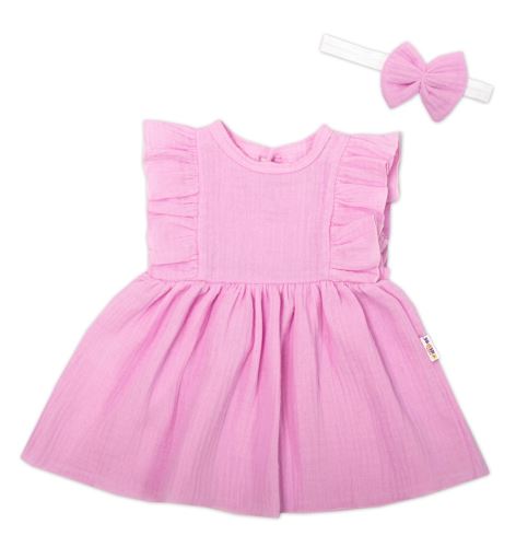 Baby Nellys 2-dílná sada mušelínové šatičky + čelenka, růžové (1)