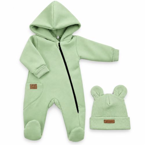 Oteplený detský overal so šľapkami a kapucňou + čiapočka, 2D, matcha (2)