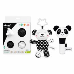 Súprava kontrastných hračiek Akuku - Panda, Medvedík, senzorické balóniky