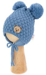 Zimní pletená čepice Teddy Bear na zavazování, modrá, Baby Nellys (1)
