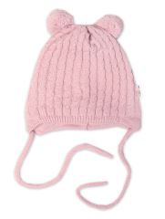 Zimní čepice na zavazování s bambulky + šál, Baby Nellys - pudrově růžová (3)