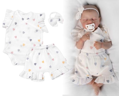 Zavinovací body, kraťasky + čelenka, mušelín, Srdíčko, Baby Nellys, smetanové (6)