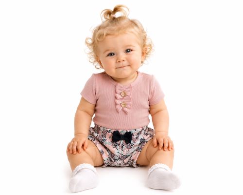 Baby Nellys Kojenecké žebrované body s knoflíčky kr. rukáv, Girl - pudrové (1)