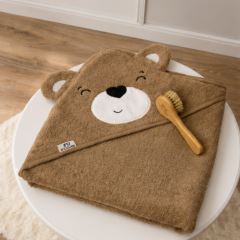 Detská osuška s kapucou 95×95 cm Teddy Bocioland – mäkká froté bavlna, 3D uši, hnedá (1)