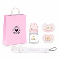 Darčeková sada Little Princess Canpol Babies 0-6m, fľaštička, cumlíky, retiazka + taška
