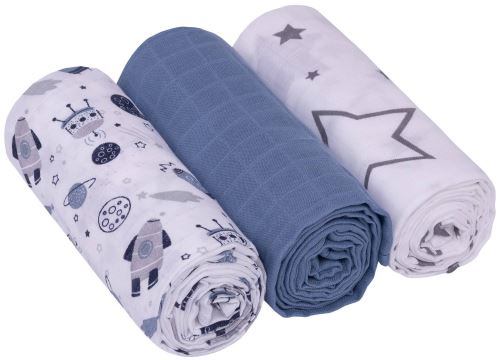 Mušelínové plienky 3ks Lux - Kosmo, 70 x 80 cm, modrá/biela (1)
