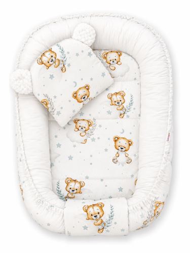 Obojstranné hniezdočko, podložka + vankúšik 3D, Bavlna, Malý medvedík, biele (1)