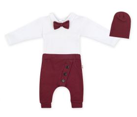 Baby Nellys 3-dílná sada Hubert, body s motýlkem  dl.rukáv, tepláčky a čepička - bordo