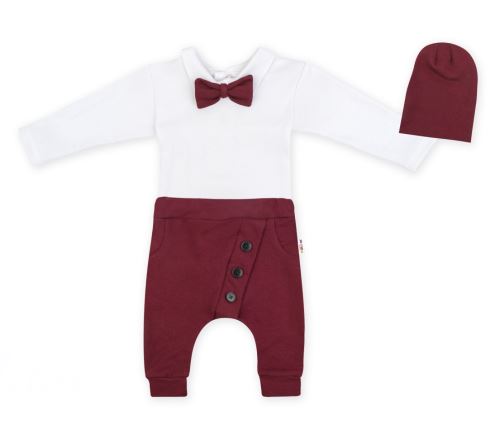 Baby Nellys 3-dílná sada Hubert, body s motýlkem  dl.rukáv, tepláčky a čepička - bordo
