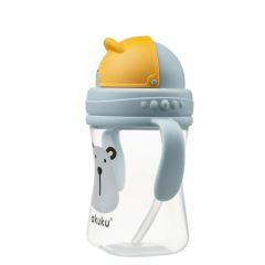 Fľaštička/hrnček s úchytmi a slamkou Medveď Akuku 300 ml, sivá/žltá (2)