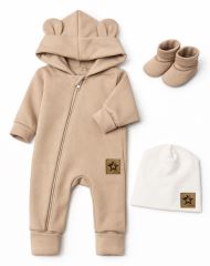 Rastúci oteplený overal s čiapkou a topánočkami, 3D - béžový