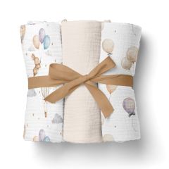 Mušelínové plienky pre bábätko 3 ks 70 × 70 cm z jemnej bavlny - béžové, Zajíček a balónik (1)